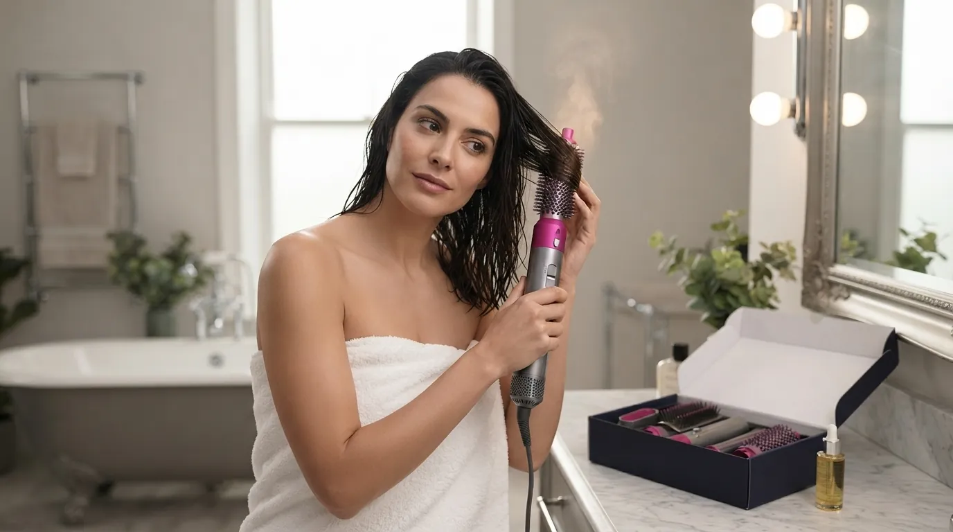 Mulher usando a Escova Secador 5 em 1 no cabelo